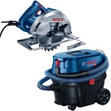 Bosch GKS 140 + GAS 12-25 PL - Fierastrau circular 1400 W 184x20 mm + Aspirator umed-uscat 1250 W 200 mbar 25 l priza scule electrice