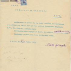 Document fiscal Cluj 1923 cu 2 timbre maghiare rare cu supratipar local 50 Bani