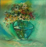 Pictură originală ulei pe p&acirc;nză &bdquo;Buchet de flori &icirc;ntr-o vază de sticlă&rdquo; 20x20 cm, pe șasiu. Certificat cu semnătura și ștampila artistului