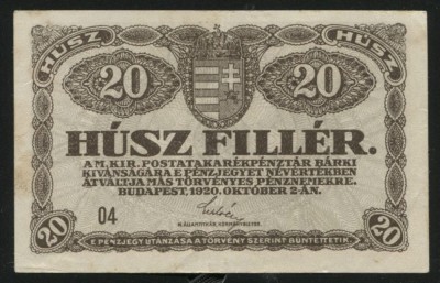 y902 UNGARIA BANCNOTA DE 20 FILLER 1920 CIRCULATA XF foto