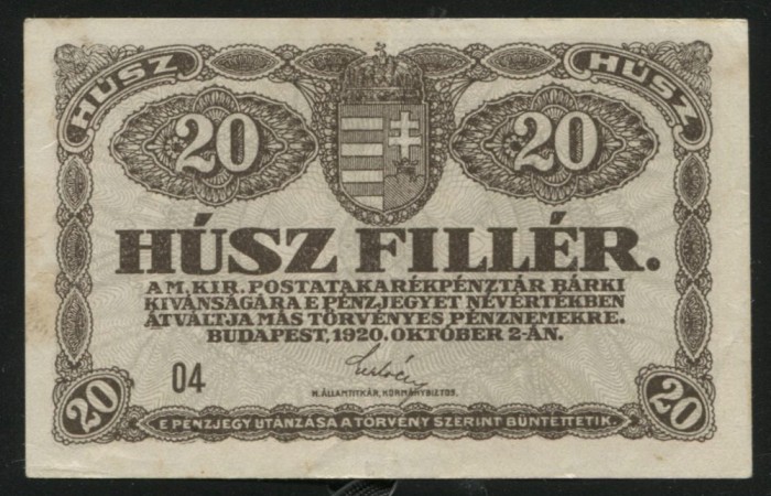 y902 UNGARIA BANCNOTA DE 20 FILLER 1920 CIRCULATA XF