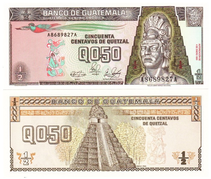 Guatemala 0,5 Quetzal 1989 P-72a UNC Tecun Uman