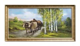 Tablou car cu boi pictat manual inramat, 105x55cm ulei pe panza, rama din lemn, reproducere Nicolae Grigorescu