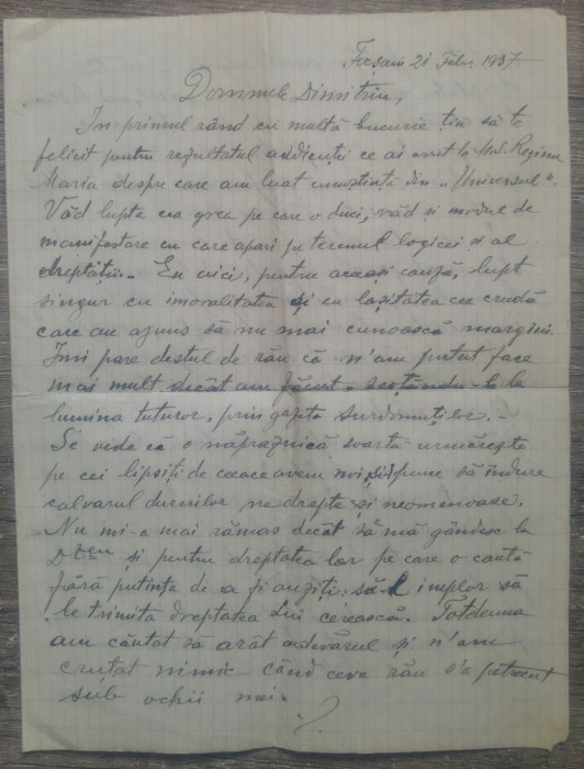 Scrisoare olografa descriind starea Scolii de Surdo-muti din Focsani/ 1937