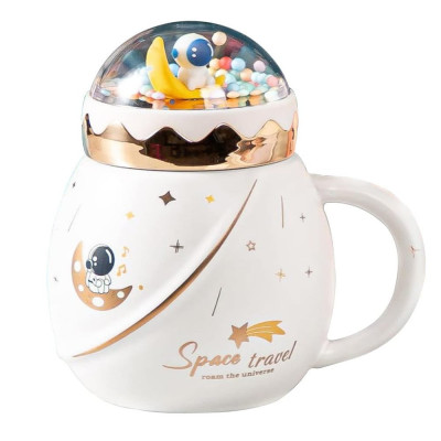 Cana cu capac tip ceainic din ceramica Pufo Travel the Space pentru cafea sau ceai, 500 ml, alb foto