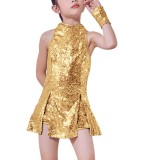 Costum de dans cu paiete pentru fete, ținută hip hop, set 2 piese &ndash; Auriu 6-7 ani 130