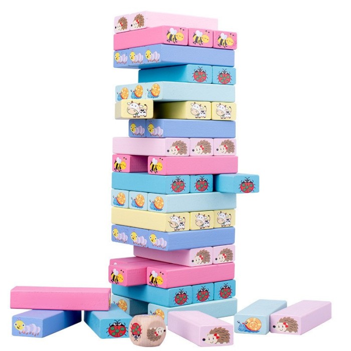 Joc de societate, flippy, pentru copii, din lemn, interactiv, distractiv, jenga stack high blocks, cu zar, 51 de piese animate, 24.5x18x5 cm, multicol