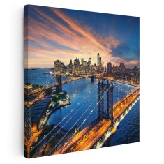 Tablou Podul Brooklyn la apus, New York, USA, albastru 1537 Tablou canvas pe panza CU RAMA 30x30 cm