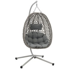Leagan tip cuib suspendat, cu perna, cadru metalic si cos PE, 103x95x185 cm, gri