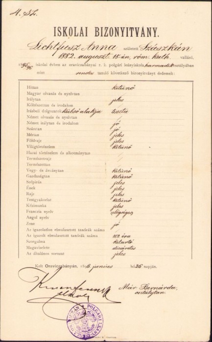 A1832 Certificat școlar, 1896, Oravița