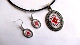 Set bijuterii pandantiv si cercei cu model traditional rosu cu negru 32293