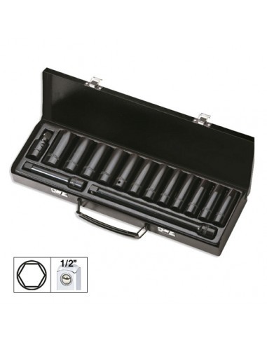 Set De 15 Piese De Impact Cu 12 Tubulare Lungi De 1/2 INCH Hexagonale + Adaptoare