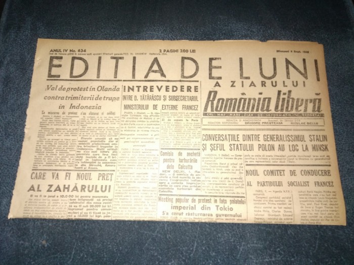 ZIAR ROMANIA LIBERA EDITIA DE LUNI 4 SEPTEMBRIE 1946
