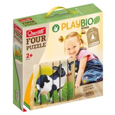 Puzzle din lemn 4 In 1, Quercetti, Animale Ferma, Play Bio, 6 piese