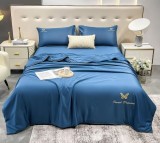 Cumpara ieftin Lenjerie Pat Tip Matase Zagreb Co006, Bumbac, Poliester, 4 Piese, Fara Elastic, Albastru
