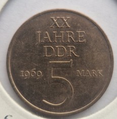 Germania 5 mark 1969 moneda cupru # 22.1 moneda aniversara 20 de ani GDR a UNC