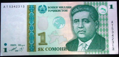 Bancnota exotica 1 SOMONI - TADJIKISTAN, anul 1999 * Cod 274 = UNC foto