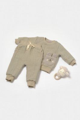 Set bluza dublata si pantaloni Ursulet, Winter muselin, 100% bumbac - Verde, BabyCosy (Marime: 12-18 Luni) foto