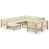 vidaXL Set mobilier de grădină, 10 piese, perne alb crem, bambus