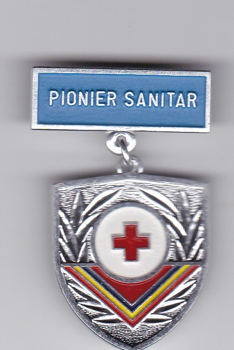 AMS @ - INSIGNA PIONIER SANITAR, ALUMINIU, model cub pe verso