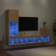 vidaXL Unita?i de perete TV cu LED-uri, 4 piese, stejar sonoma, lemn foto