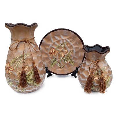 Set 2 vaze decorative si farfurie din ceramica, Flori, Maro, 468G foto