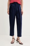 United Colors of Benetton pantaloni din amestec de in culoarea bleumarin, drept, high waist, 45BVDF09B