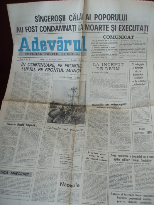 ZIAR ADEVARUL - 26 DECEMBRIE 1989 , AN 1, NR 2 , C38