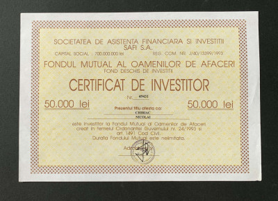 Societatea de Asistenta Financiara si Investitii Safi - Certificat - 1993 foto