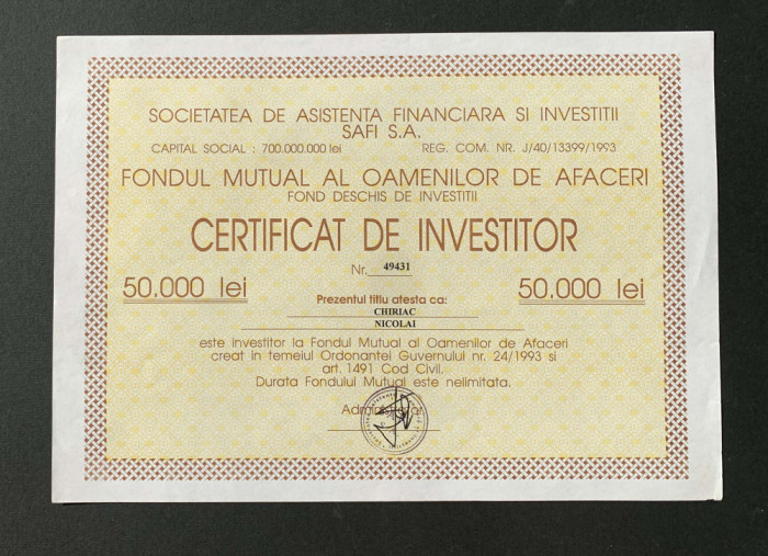 Societatea de Asistenta Financiara si Investitii Safi - Certificat - 1993