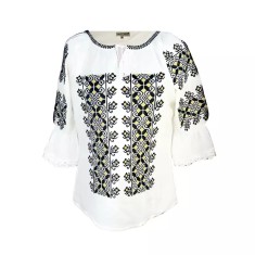 Bluza Tip Ie Traditionala Alba cu Motiv Geometric Negru de Dama - IMS152