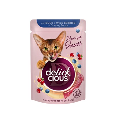 DELICKCIOUS, Bucati de carne de rata si fructe de padure in sos cremos, pentru pisici, 80g foto