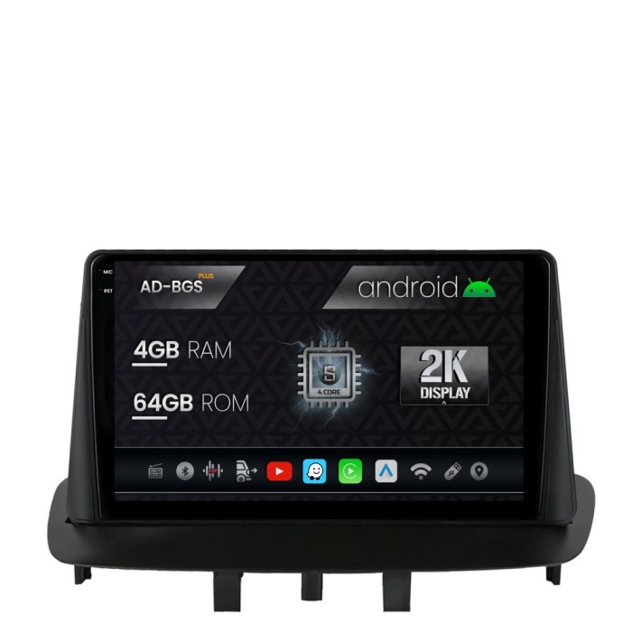 Navigatie 2K Renault Megane 3 Fluence (2009-2016), Android OS, S-Quadcore 4GB RAM + 64GB ROM, 9.5 Inch - AD-BGS90042K+AD-BGRKIT372