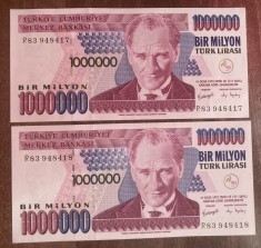 B11 24 - Bancnota foarte veche - Turcia - 1000000 lire - serii consecutive