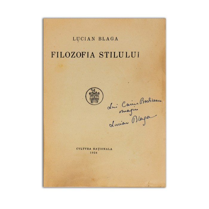 Lucian Blaga, Filozofia stilului, 1924, cu dedicație pentru Caius Brediceanu