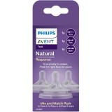 Pachet 3 tetine Philips Avent Natural Response SCY960/03, +1 luna, +3 luni si +6 luni, tetina care functioneaza ca sanul mamei, debit 3,4,5, fara BPA