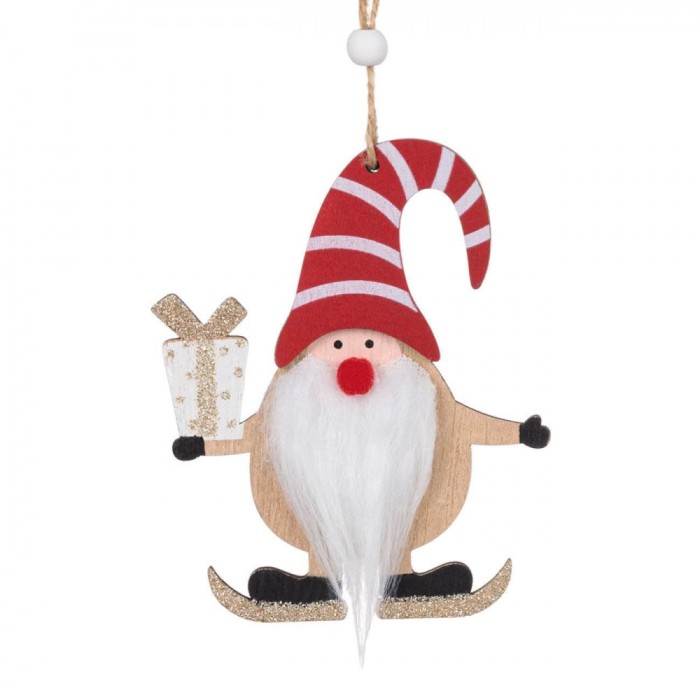 Ornament Brad Crăciun, Gnome, Căciulă Roșie, 12cm, Lemn
