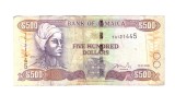 Bancnota Jamaica 500 dollars/dolari 15 ianuarie 2008, circulata, cu urme de murdarie