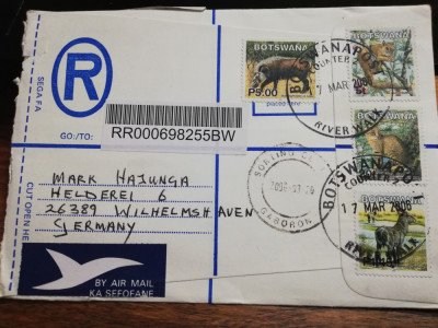 Plic filatelic circulat recomandat Botswana-Germania, air mail, stare perfecta foto