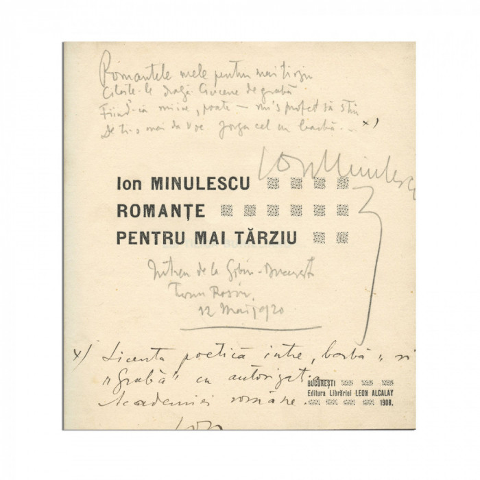 Ion Minulescu, Romanțe pentru mai t&acirc;rziu, 1908, cu o amplă dedicație olografă