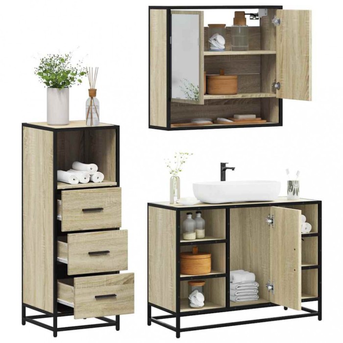 Gossi set mobilier de baie, 3 piese, stejar sonoma, lemn prelucrat