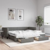 vidaXL Pat de zi cu extensie și sertare, gri &icirc;nchis, 100x200 cm textil