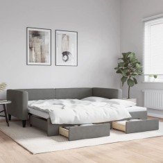 vidaXL Pat de zi cu extensie și sertare, gri &icirc;nchis, 100x200 cm textil