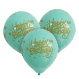Baloane Latex Set 10 Bucăți, Imprimeu Happy Birthday, Verde Menta-Auriu, 23cm, Oem