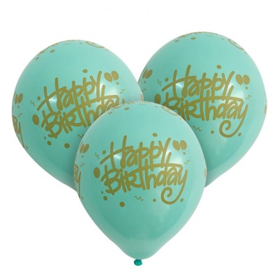 Baloane Latex Set 10 Bucăți, Imprimeu Happy Birthday, Verde Menta-Auriu, 23cm foto