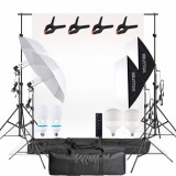 Cumpara ieftin Kit profesional iluminare studio cu fundal alb, 2 softboxuri, 2 umbrele, 2 becuri fluorescente 150W si 2 LED 150W 5500K cu telecomanda, stative 200 cm