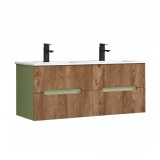 Leziter Dulap Baie Bază Trent 120 cm cu Chiuvetă Ceramică Albă, Pistachio Green-Sunset Oak, 4 Sertare, Montat Perete