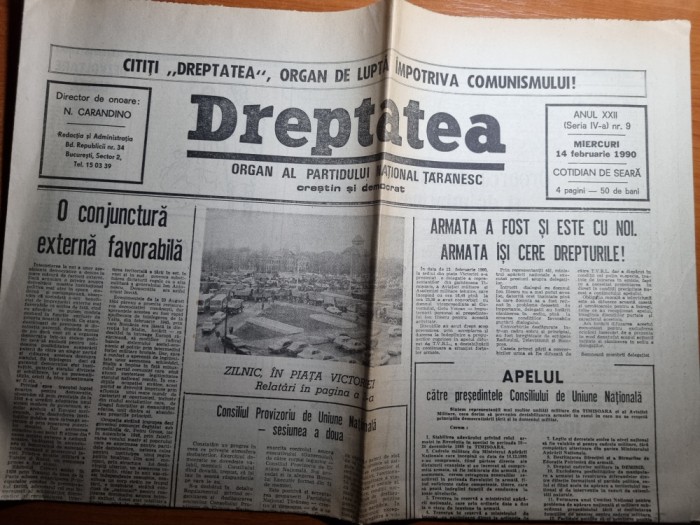 ziarul dreptatea 14 februarie 1990-zilnic in piata victoriei