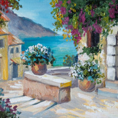 Tablou canvas Casa, mare, flori, pictura2, 75 x 50 cm