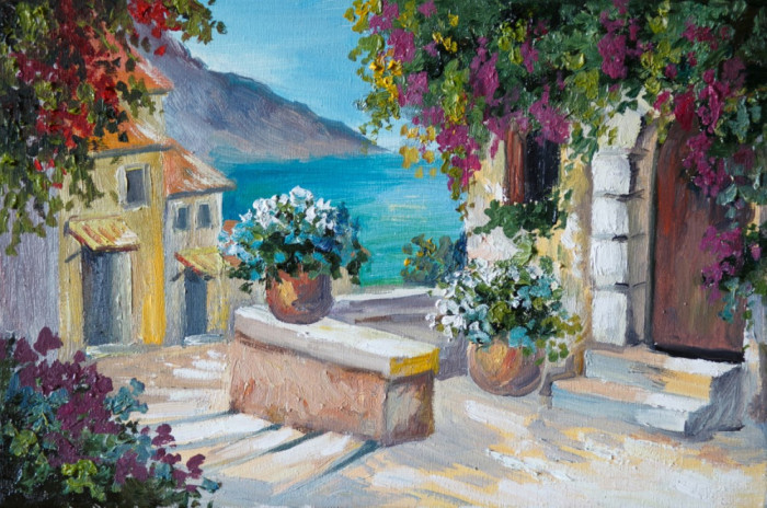 Tablou canvas Casa, mare, flori, pictura2, 90 x 60 cm